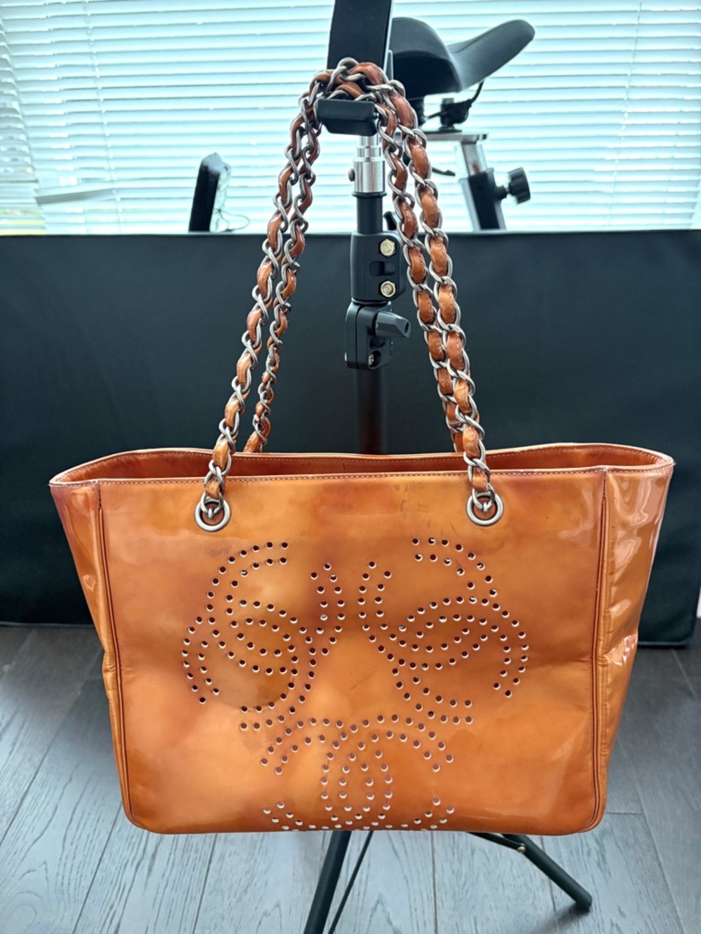 Auth CHANEL Orange Patent Leather Studded Tote with Silver Chain-Strap